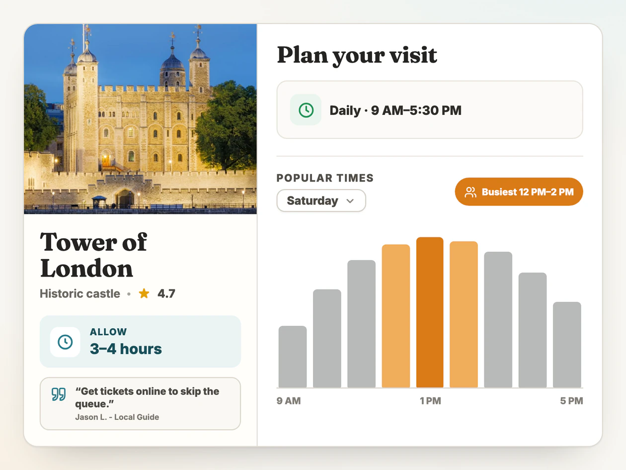 Tower of London details show a three to four hour visit, daily opening hours, a local guide tip to get tickets online, and the busiest Saturday times to avoid.